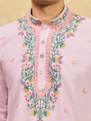 Pink khadi silk multi thread & sequence embroidered work kurta 5