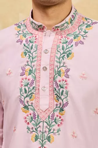 Pink khadi silk multi thread & sequence embroidered work kurta