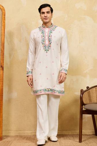 White khadi silk multi thread & sequence embroidered work kurta