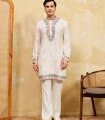 White khadi silk multi thread & sequence embroidered work kurta