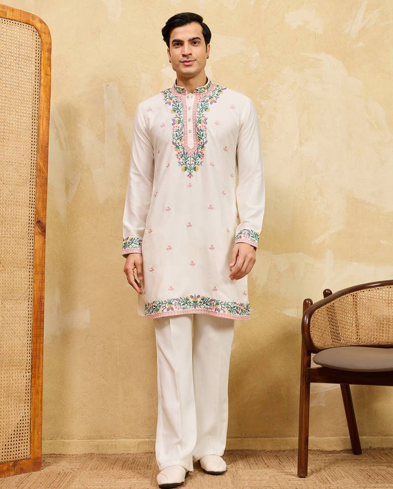 White khadi silk multi thread & sequence embroidered work kurta