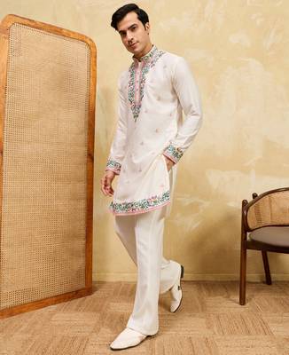 White khadi silk multi thread & sequence embroidered work kurta 2