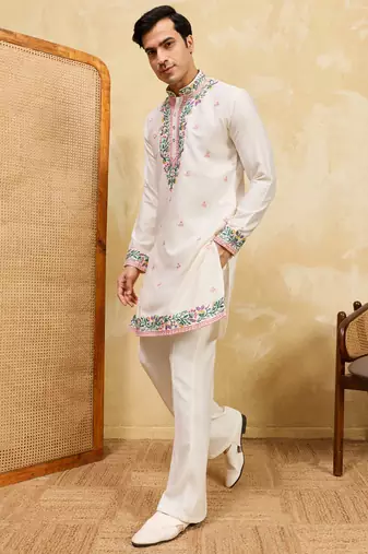 White khadi silk multi thread & sequence embroidered work kurta
