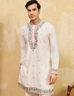 White khadi silk multi thread & sequence embroidered work kurta 3