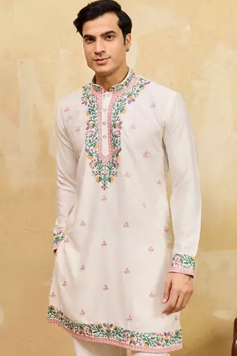 White khadi silk multi thread & sequence embroidered work kurta