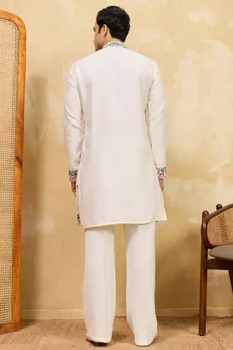 White khadi silk multi thread & sequence embroidered work kurta