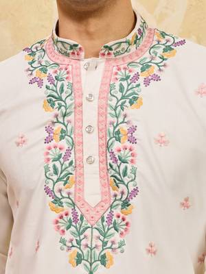 White khadi silk multi thread & sequence embroidered work kurta 5
