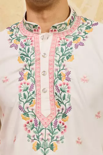 White khadi silk multi thread & sequence embroidered work kurta