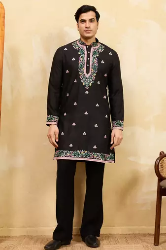Black khadi silk multi thread & sequence embroidered work kurta