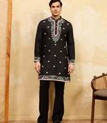 Black khadi silk multi thread & sequence embroidered work kurta