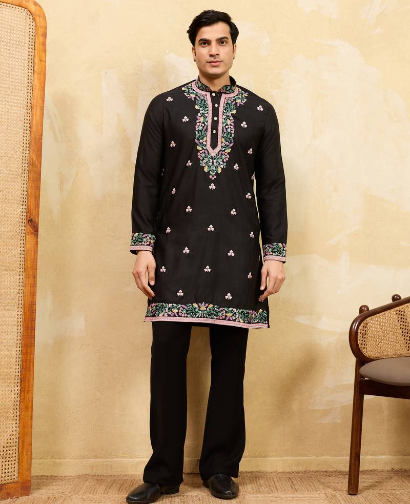 Black khadi silk multi thread & sequence embroidered work kurta