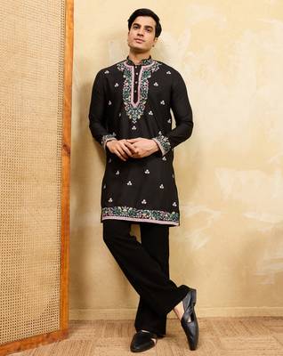 Black khadi silk multi thread & sequence embroidered work kurta 2