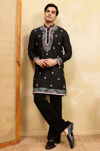 Black khadi silk multi thread & sequence embroidered work kurta