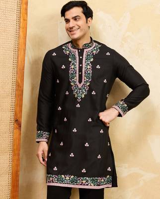 Black khadi silk multi thread & sequence embroidered work kurta 3