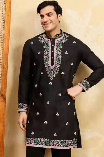 Black khadi silk multi thread & sequence embroidered work kurta