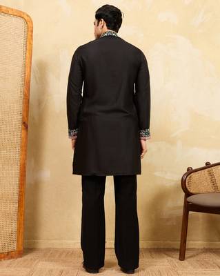 Black khadi silk multi thread & sequence embroidered work kurta 4