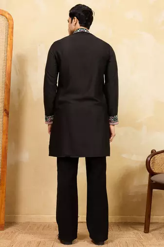 Black khadi silk multi thread & sequence embroidered work kurta