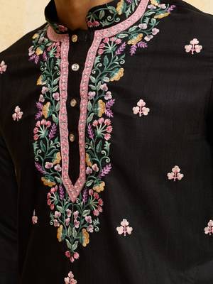 Black khadi silk multi thread & sequence embroidered work kurta 5