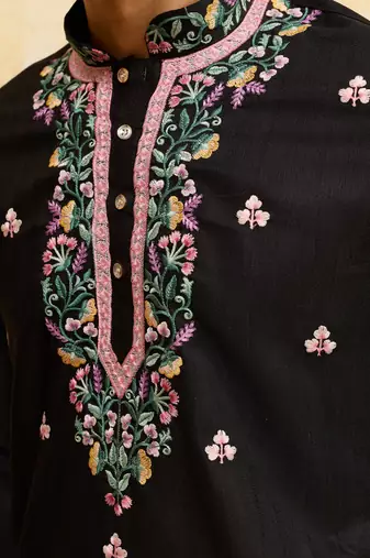 Black khadi silk multi thread & sequence embroidered work kurta