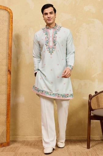 Sky blue khadi silk multi thread & sequence embroidered work kurta