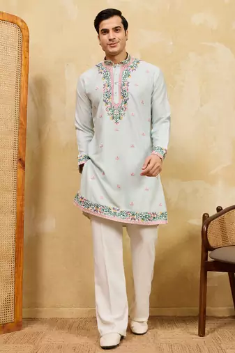 Sky blue khadi silk multi thread & sequence embroidered work kurta