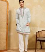 Sky blue khadi silk multi thread & sequence embroidered work kurta