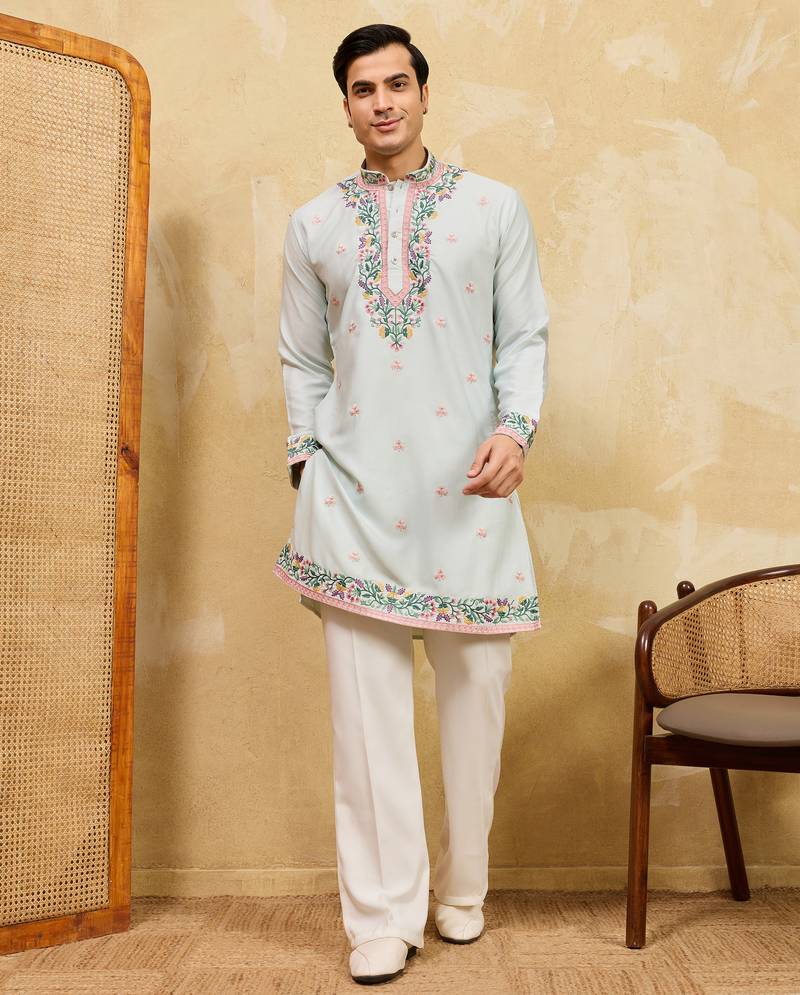 Sky blue khadi silk multi thread & sequence embroidered work kurta