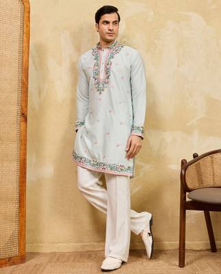 Sky blue khadi silk multi thread & sequence embroidered work kurta 2