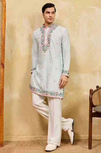 Sky blue khadi silk multi thread & sequence embroidered work kurta