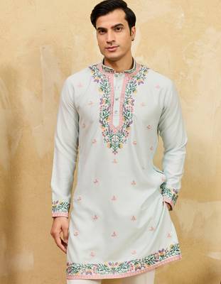Sky blue khadi silk multi thread & sequence embroidered work kurta 3