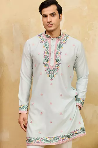 Sky blue khadi silk multi thread & sequence embroidered work kurta