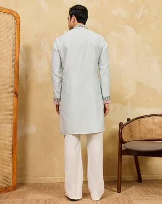Sky blue khadi silk multi thread & sequence embroidered work kurta 4