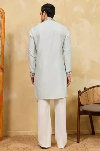 Sky blue khadi silk multi thread & sequence embroidered work kurta