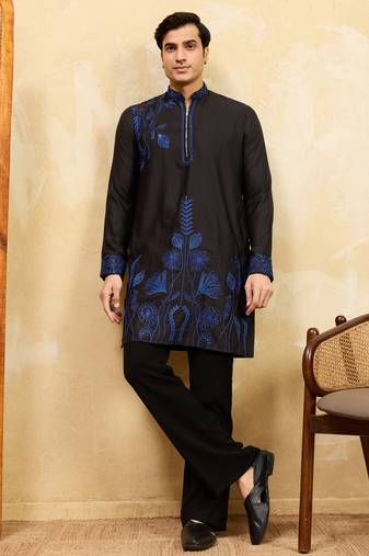 Black khadi silk multi thread & sequence embroidered work kurta