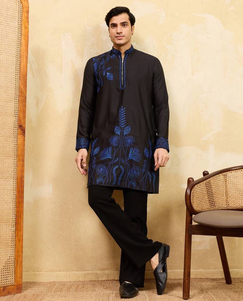 Black khadi silk multi thread & sequence embroidered work kurta