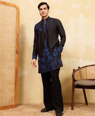 Black khadi silk multi thread & sequence embroidered work kurta 2