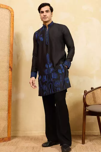 Black khadi silk multi thread & sequence embroidered work kurta