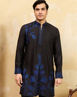 Black khadi silk multi thread & sequence embroidered work kurta 3