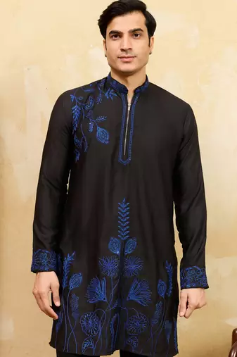 Black khadi silk multi thread & sequence embroidered work kurta