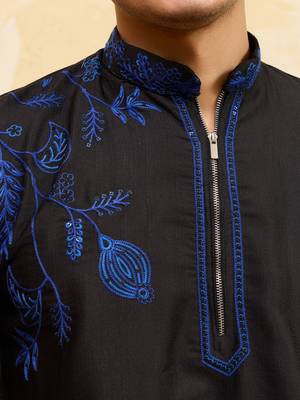 Black khadi silk multi thread & sequence embroidered work kurta 5