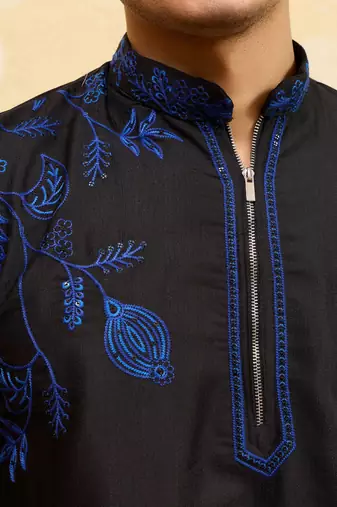 Black khadi silk multi thread & sequence embroidered work kurta