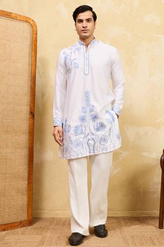 White khadi silk multi thread & sequence embroidered work kurta