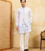 White khadi silk multi thread & sequence embroidered work kurta