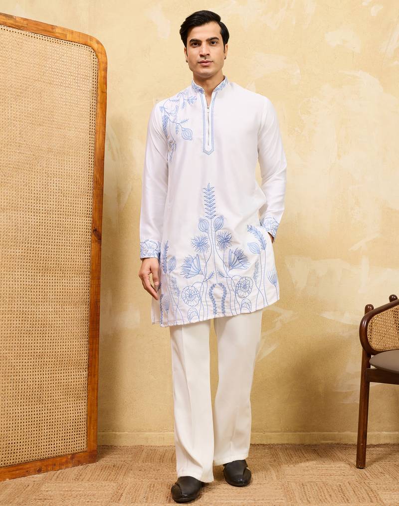 White khadi silk multi thread & sequence embroidered work kurta