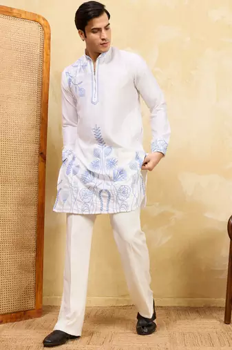 White khadi silk multi thread & sequence embroidered work kurta