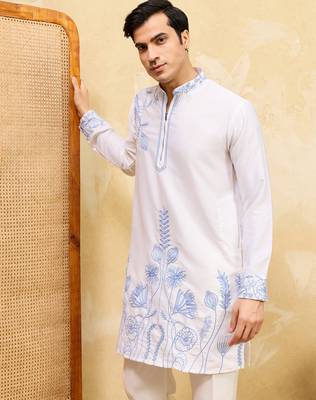 White khadi silk multi thread & sequence embroidered work kurta 3