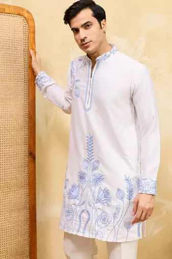 White khadi silk multi thread & sequence embroidered work kurta