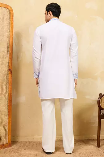 White khadi silk multi thread & sequence embroidered work kurta