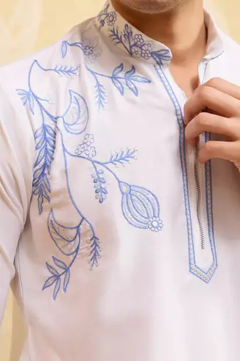 White khadi silk multi thread & sequence embroidered work kurta