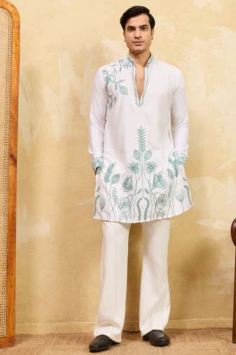White khadi silk multi thread & sequence embroidered work kurta